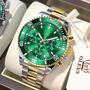 E11N OLEVS Green Dial Chronograph Watch