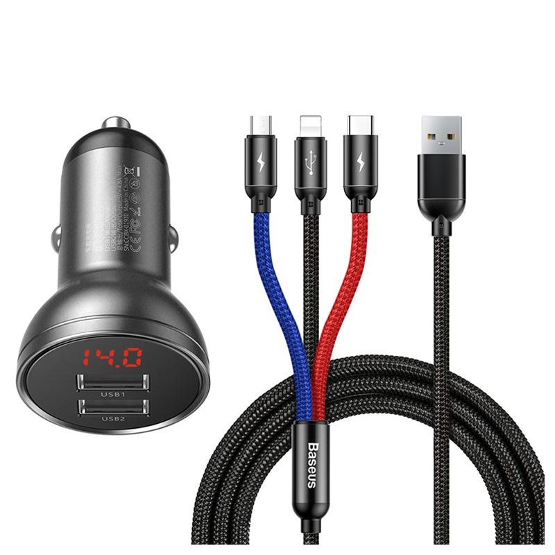 TZCCBX-0G.jpg Baseus Dual Digital Display Car Charger With USB 3-in-1 Cable - Image 1